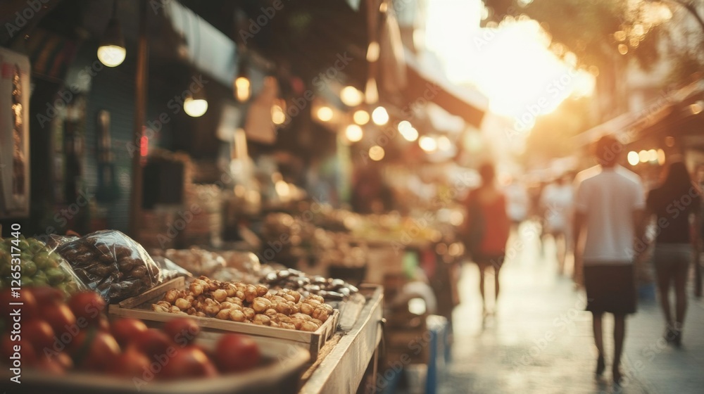 Fototapeta premium Sunset market street, vibrant fruits, shoppers