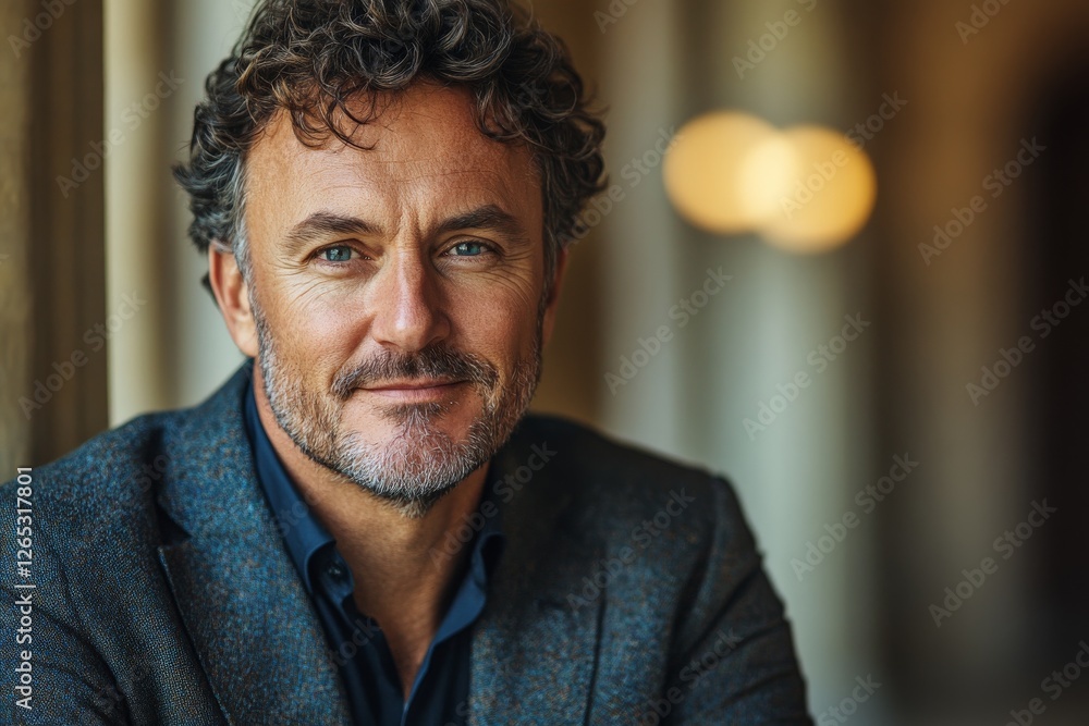 Obraz premium Confident man with curly hair smiles warmly in a softly lit interior setting during a social gathering