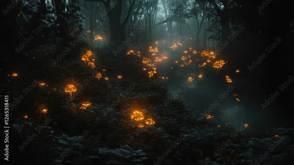Obraz premium Enchanted Forest: Glowing Mushrooms in a Mystical Night