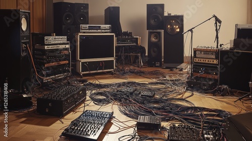 Audiophile's cluttered recording studio, tangled wires, equipment scattered photo