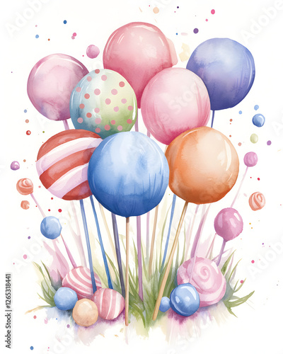 Colorful lollipops and candy in vibrant watercolor style, creating joyful and playful atmosphere. Perfect for sweet themed designs and children projects