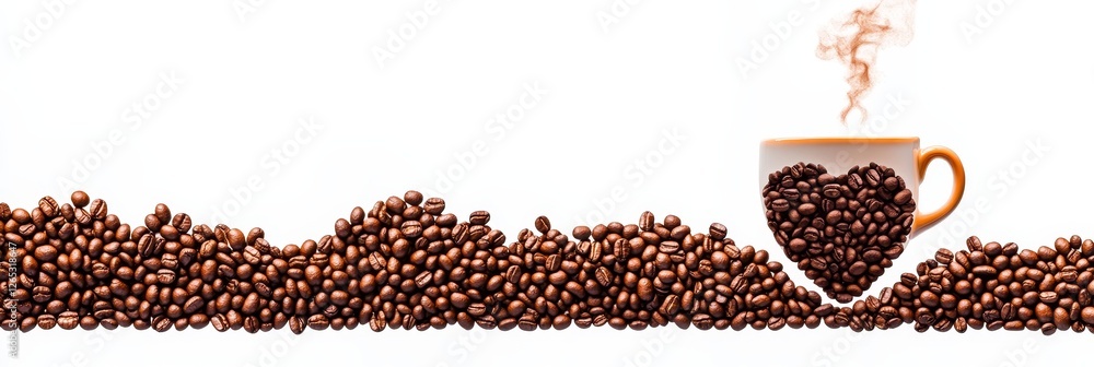 Naklejka premium Steaming Coffee Cup Forming a Heart Shape Outlined with Coffee Beans on White Background