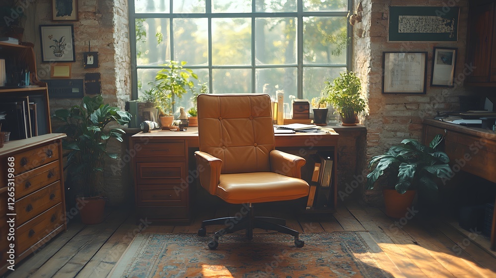 Rustic workspace with warm natural wood, leather chair, and soft brown textiles creating a cozy atmosphere with copy space Rustic workspace with warm natural wood, leather chair, and soft brown textiles creating a cozy atmosphere with copy space