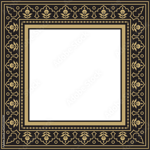 Vector gold with black square Turkish national ornament. Ottoman border, frame. Ethnic floral rectangle, Seljuk Turks pattern. Decoration of the Sultan's palaces