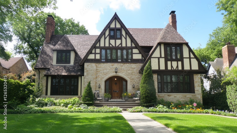 Tudor house, suburban street, sunny day, landscaping Tudor house, suburban street, sunny day, landscaping
