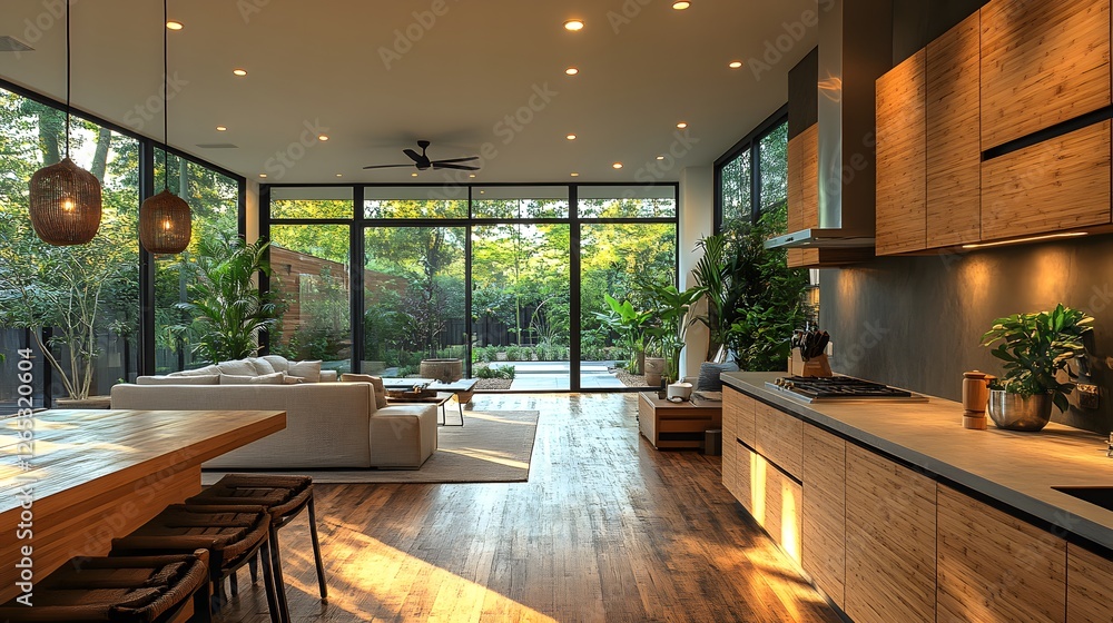 Fototapeta premium Sustainable kitchen with recycled wood countertops, bamboo cabinets, and energy-efficient lighting with copy space