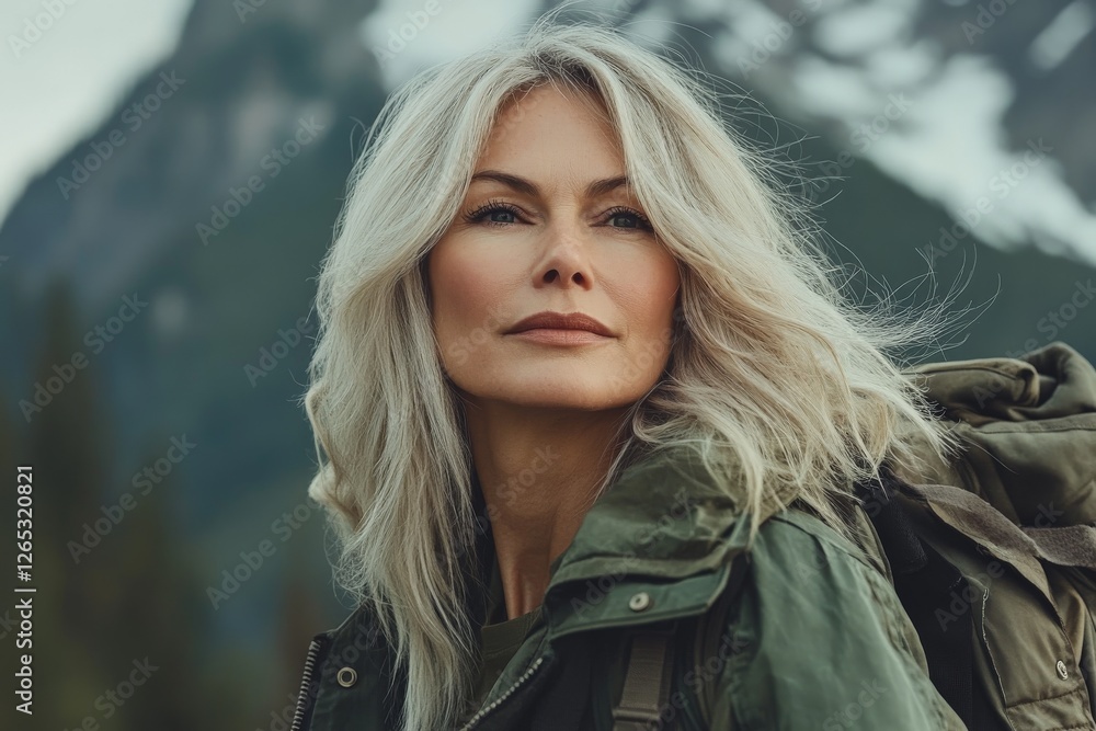 Naklejka premium Portrait of a woman enjoying nature with mountains in the background during a sunny day in the wilderness