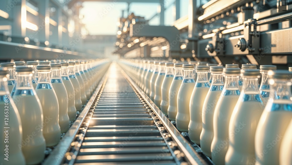 Fototapeta premium Rows of fresh milk bottles on a conveyor belt in a modern, sunlit dairy factory.