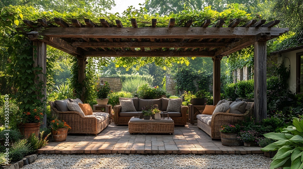 Obraz premium Rustic outdoor patio with recycled wood pergola, sustainable furniture, and lush greenery with copy space