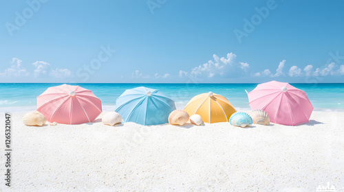 Colorful beach umbrellas on sandy shore with seashells, creating vibrant summer scene. clear blue sky and calm ocean enhance relaxing atmosphere