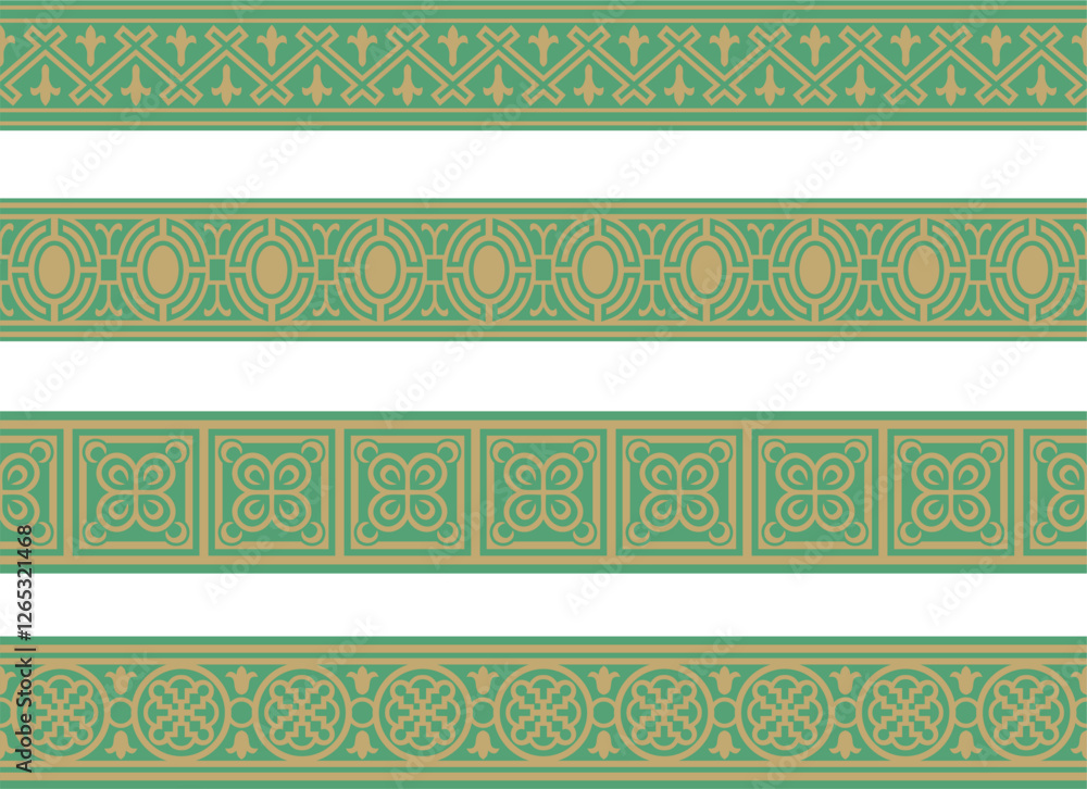 Vector seamless European gold and green ornament. Endless ornament, medieval.Renaissance border. Decorations of palaces and churches Vector seamless European gold and green ornament. Endless ornament, medieval.Renaissance border. Decorations of palaces and churches
