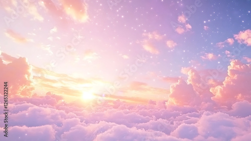 Dreamy Pastel Sky with Fluffy Clouds and Twinkling Stars at Sunset,pastel sky filled with fluffy clouds at sunset,sunset, whimsical,sky with soft colors and twinkling stars,fluffy clouds,dreams,magic.