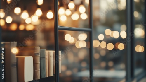 Bookstore window, evening lights, books displayed, city background; perfect for website banners photo