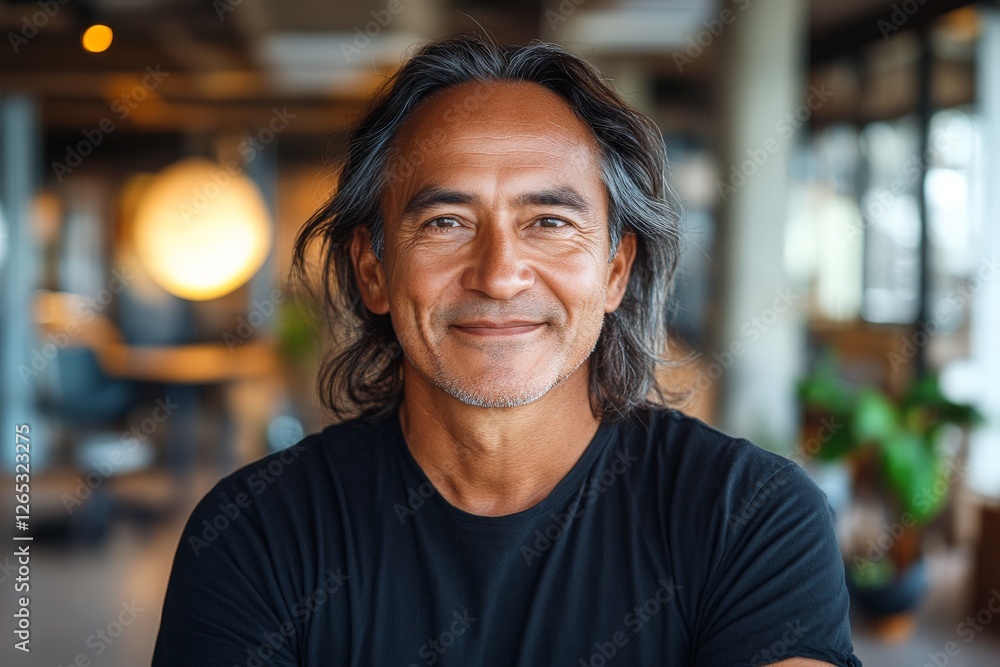 Smiling man with long hair in a modern workspace during daylight engaging with the camera Smiling man with long hair in a modern workspace during daylight engaging with the camera