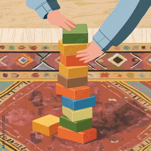 A vector of a child stacking wooden blocks on a rug