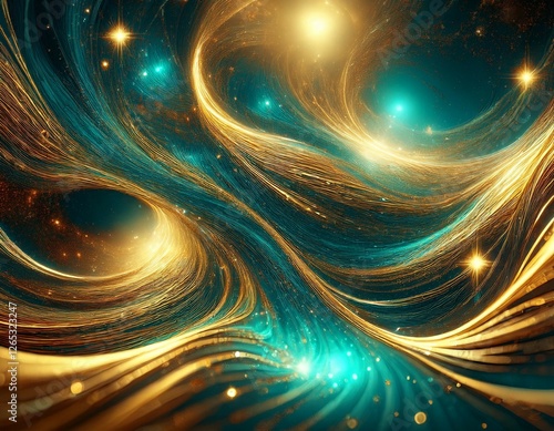 fractal universe galaxies and energy waves in gold and teal photo