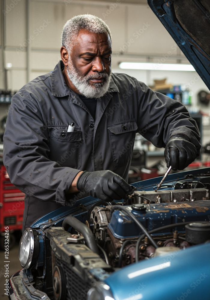 Old black Mechanic repairing engine with tools in automotive workshop Old black Mechanic repairing engine with tools in automotive workshop