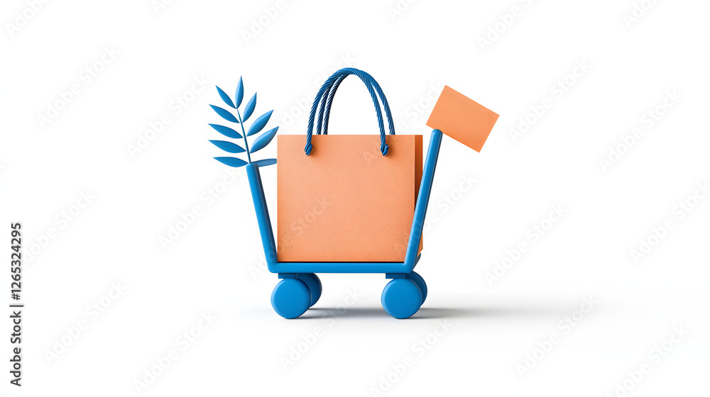 colorful shopping cart with stylish orange bag and leaf design, symbolizing eco friendly shopping. Perfect for e commerce and retail themes