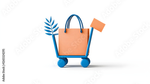 Obraz na płótnie colorful shopping cart with stylish orange bag and leaf design, symbolizing eco friendly shopping. Perfect for e commerce and retail themes w salonie