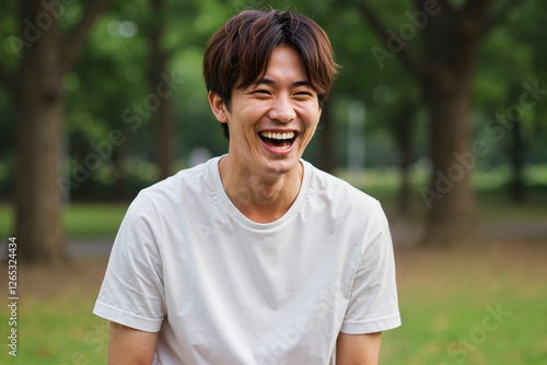 Asian man laughing, young man enjoying nature in a green park