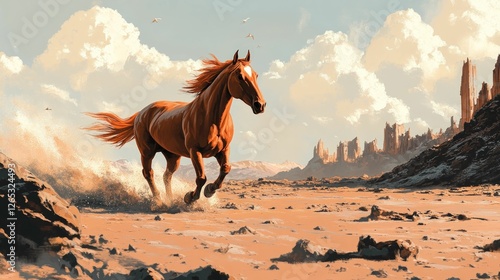 Chestnut horse galloping desert ruins sunlit landscape