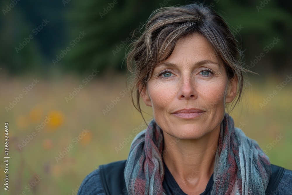 Woman with natural beauty in a serene meadow surrounded by wildflowers on a sunny day Woman with natural beauty in a serene meadow surrounded by wildflowers on a sunny day