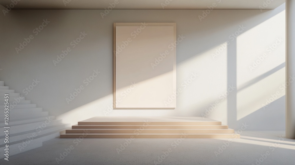 Sunlit gallery, stairs, blank canvas, mockup Sunlit gallery, stairs, blank canvas, mockup