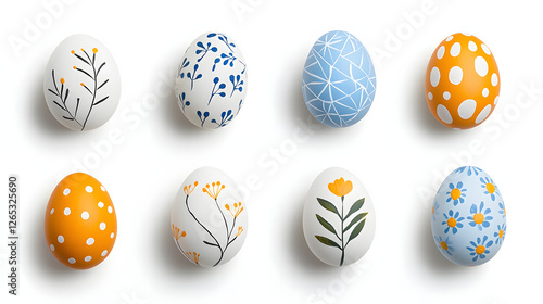 Colorful and artistic Easter eggs with intricate designs, featuring floral patterns and geometric shapes, arranged in visually appealing layout