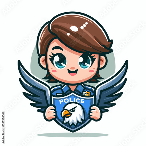 Female police officer holding a shield with eagle wings