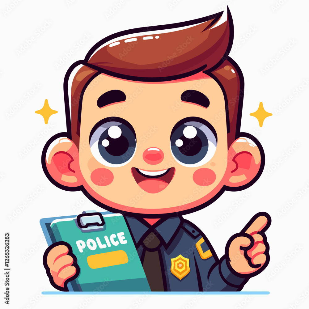 Cartoon police officer pointing at a clipboard Cartoon police officer pointing at a clipboard