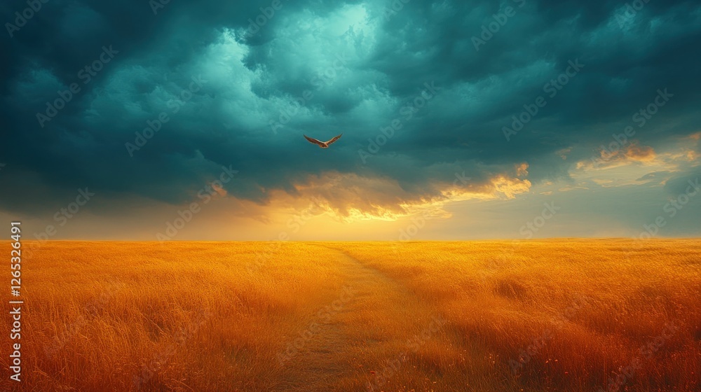 Fototapeta premium Golden field, lone bird, dramatic sunset sky.