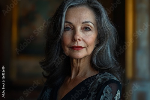 Portrait of an elegant older woman with gray hair and striking features in a soft-lit interior setting