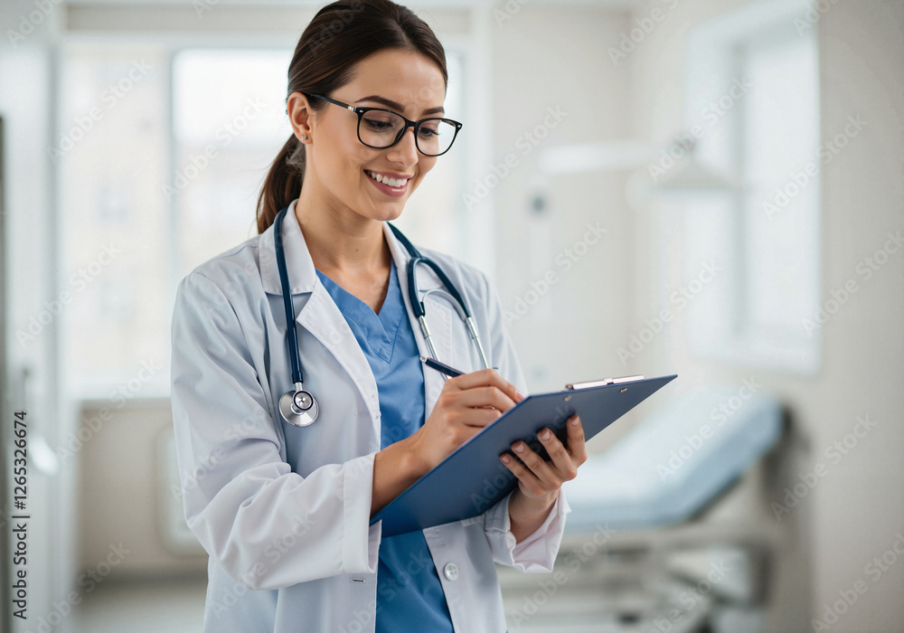 Smiling female doctor writing notes in a hospital office Smiling female doctor writing notes in a hospital office
