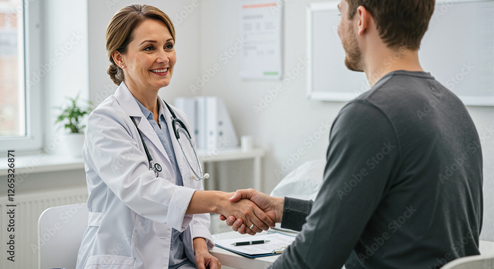 Doctor smiling while shaking hands with a patient in an office Doctor smiling while shaking hands with a patient in an office