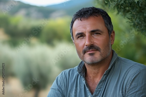 Portrait of a middle-aged man with a serene expression in a green landscape
