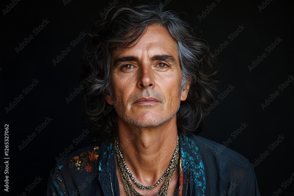 Fototapeta premium Mature man with long hair and jewelry, showcasing a thoughtful expression against a dark backdrop
