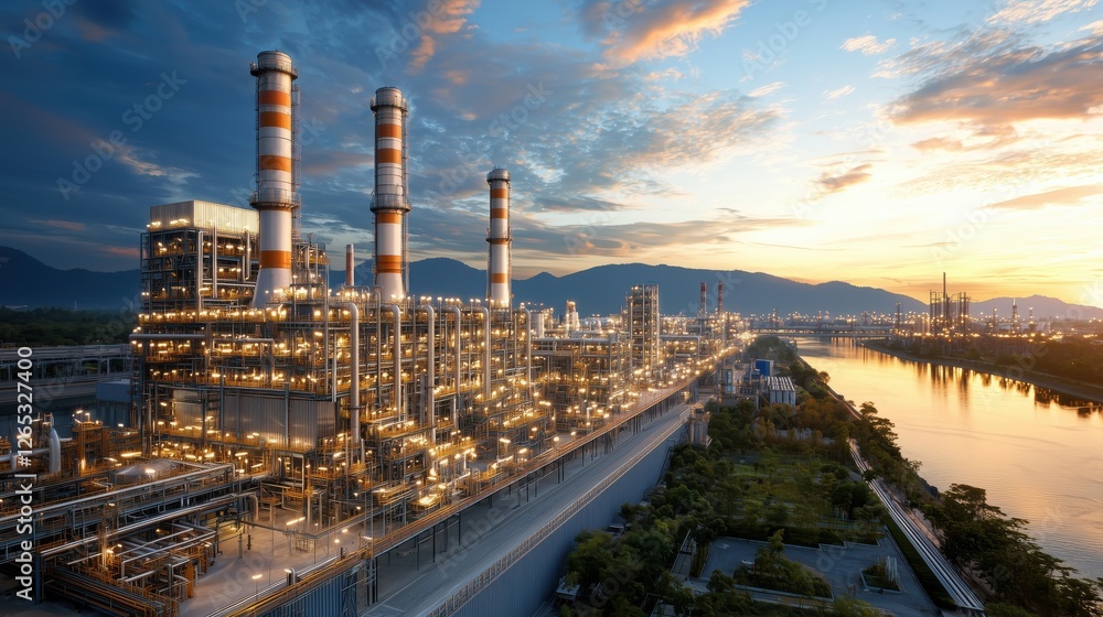 Obraz premium Majestic Sunset Over an Expansive Petrochemical Plant with Industrial Towers and Reflection in Calm River Water