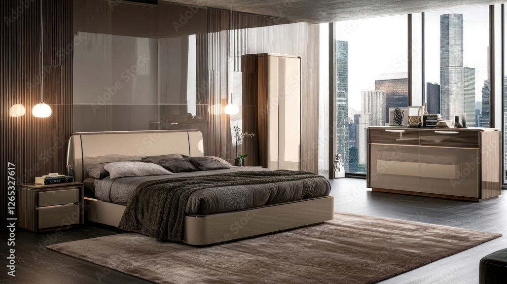 Fototapeta premium Modern bedroom suite city view