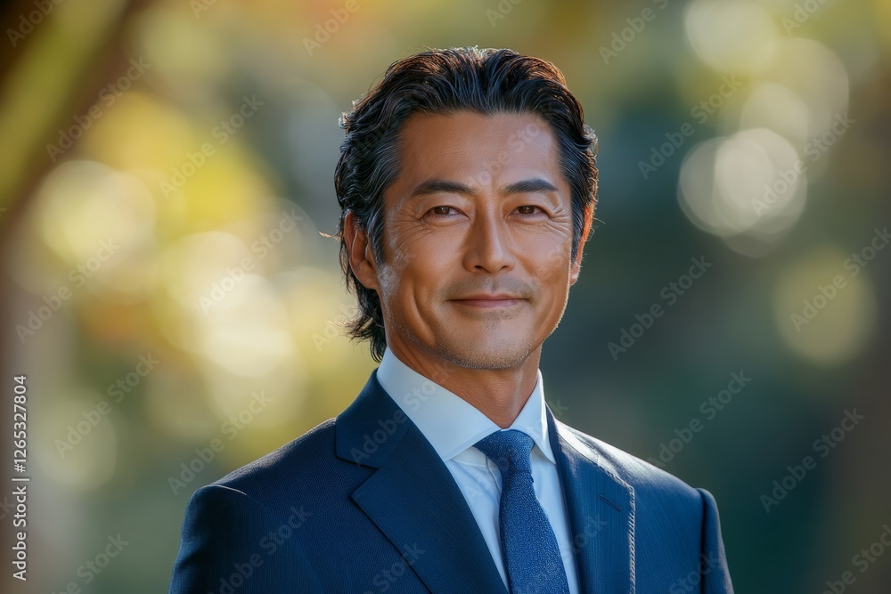 Confident businessman dressed in formal suit smiles against a blurred outdoor background during golden hour Confident businessman dressed in formal suit smiles against a blurred outdoor background during golden hour