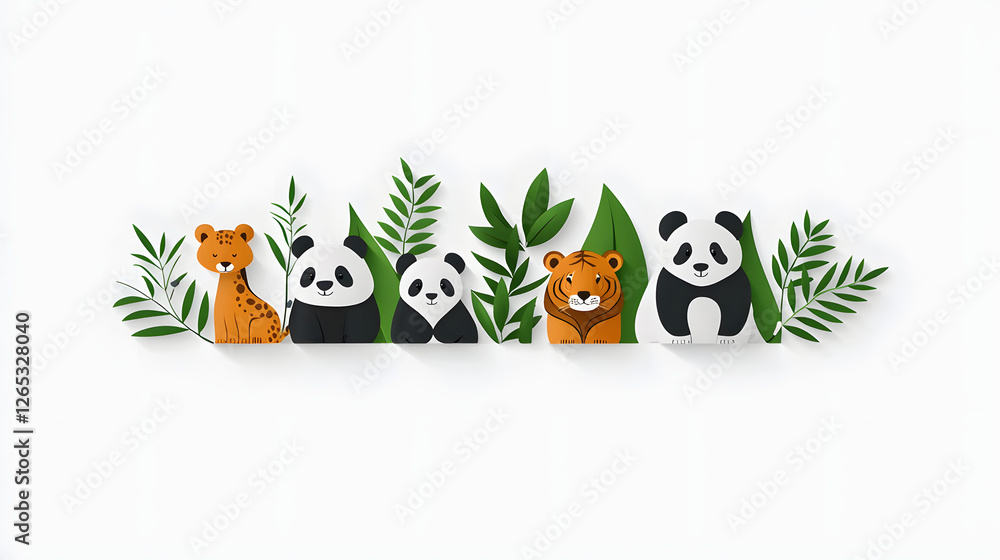 Cute animal illustrations featuring leopard, pandas, and tiger surrounded by lush greenery. This vibrant design highlights biodiversity and conservation themes Cute animal illustrations featuring leopard, pandas, and tiger surrounded by lush greenery. This vibrant design highlights biodiversity and conservation themes