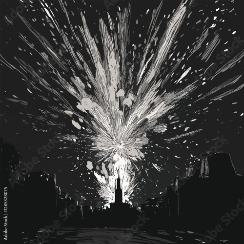 A vector of fireworks exploding over a city skyline