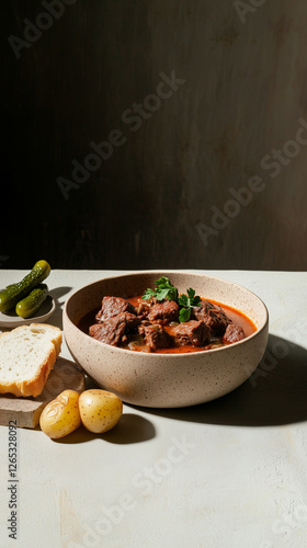 A Hungarian goulash served in a modern bowl, with tender beef chunks in a rich, paprika-infused sauce, swith potatoes and pickles, minimalist clean styling with hard shadows, hard shadows.