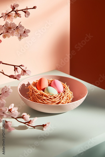 Spring Pastel Egg Nest with Blossoms with leafy shadows, light blue, orange and pink colours.