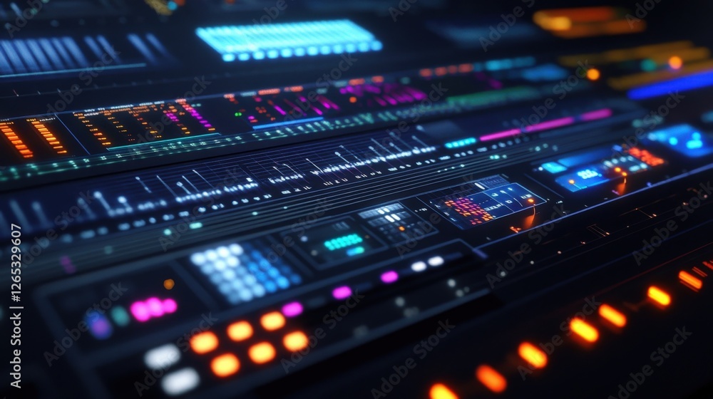 A closeup view of a virtual production console displaying various software interfaces used for realtime rendering and graphics manipulation. The console features touchsensitive controls A closeup view of a virtual production console displaying various software interfaces used for realtime rendering and graphics manipulation. The console features touchsensitive controls