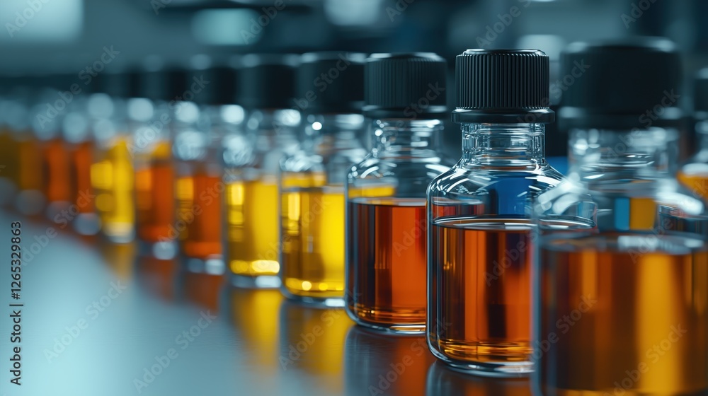 Engineers Conducting Quality Testing in a Petrochemical Laboratory Focused on Fuel Samples in Glass Bottles