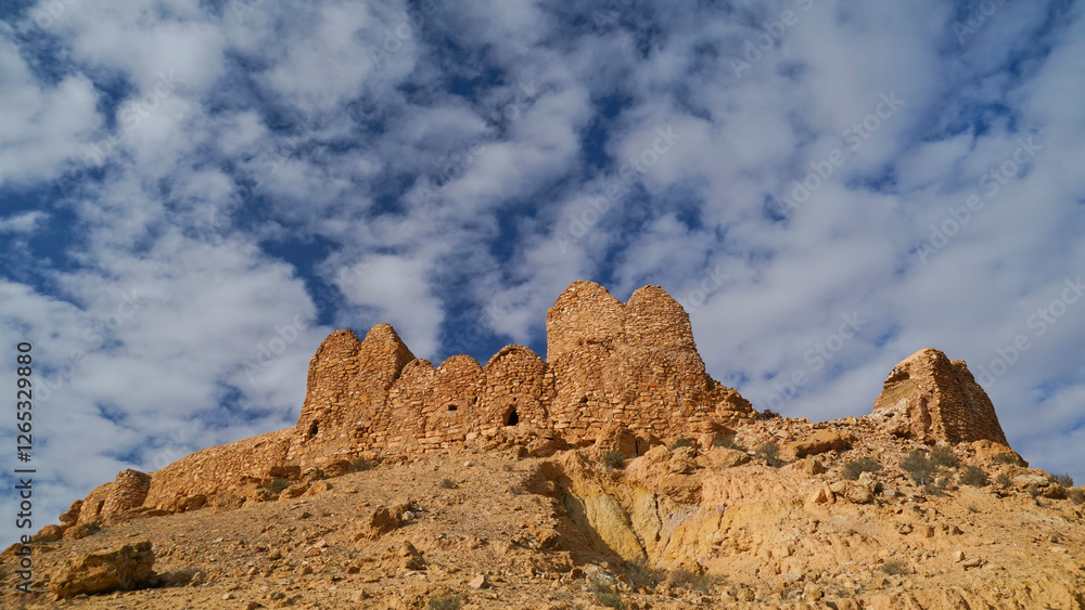 Ksar Al-Kharashifa,governatorato di Tataouine, Tunisia, resti del villaggio fortificato Berbero composto da granai e abitazioni costruiti all'interno di un muro di cinta difensivo.Tatoaine, Tunisia Ksar Al-Kharashifa,governatorato di Tataouine, Tunisia, resti del villaggio fortificato Berbero composto da granai e abitazioni costruiti all'interno di un muro di cinta difensivo.Tatoaine, Tunisia