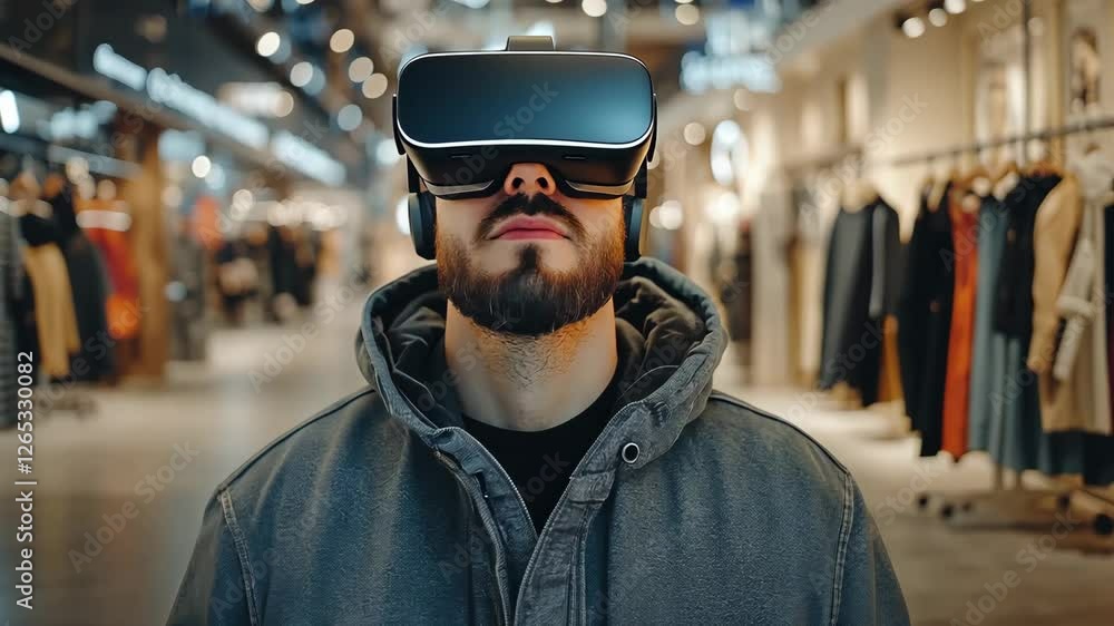 A man engages with virtual reality equipment while standing in a contemporary shopping center. Surrounding him are various clothing stores, showcasing a vibrant retail atmosphere. A man engages with virtual reality equipment while standing in a contemporary shopping center. Surrounding him are various clothing stores, showcasing a vibrant retail atmosphere.