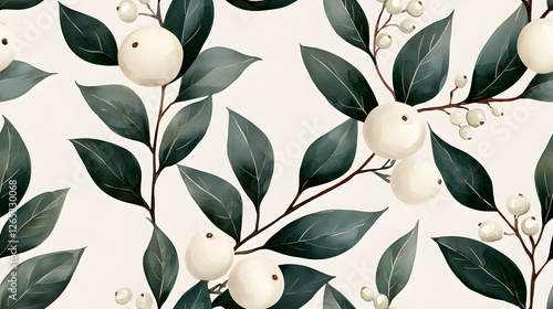 Delicate watercolor mistletoe branches with soft greens and white berries create serene and festive atmosphere, perfect for holiday decor and seasonal designs