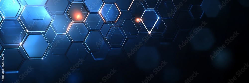 Fototapeta premium Blue Hexagon Grid Lines Illuminated On Dark Futuristic Background, Technology And Data Visualization