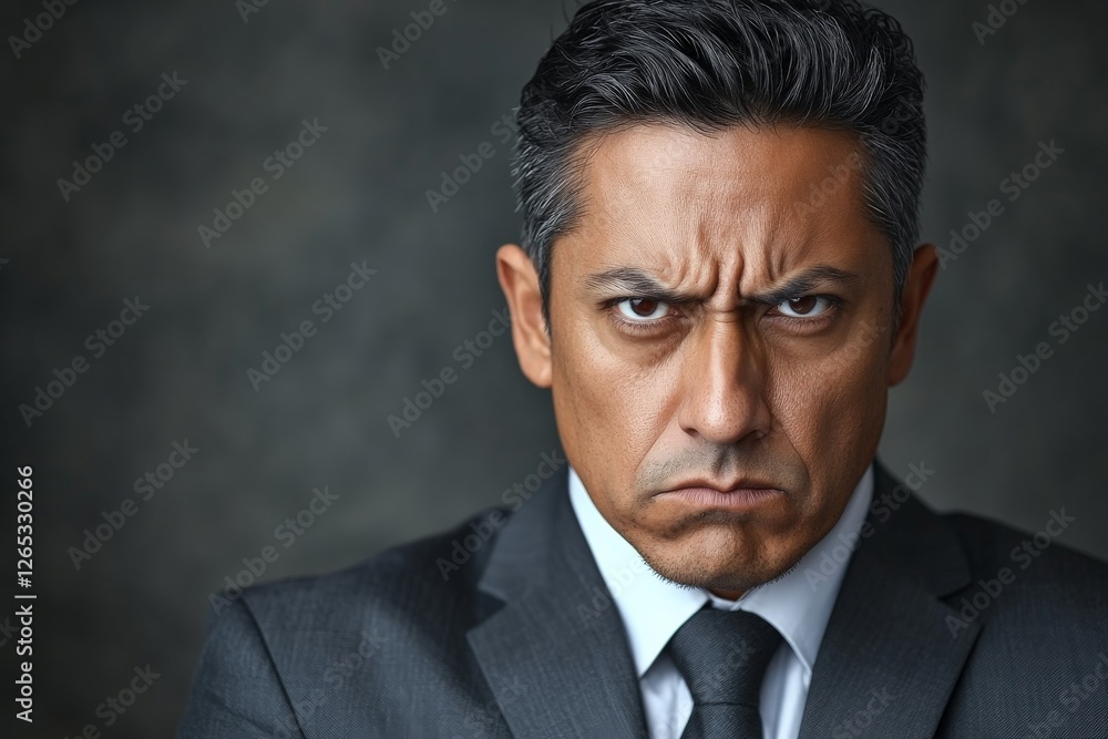 Serious man in a dark suit expresses intense emotions in a close-up portrait Serious man in a dark suit expresses intense emotions in a close-up portrait